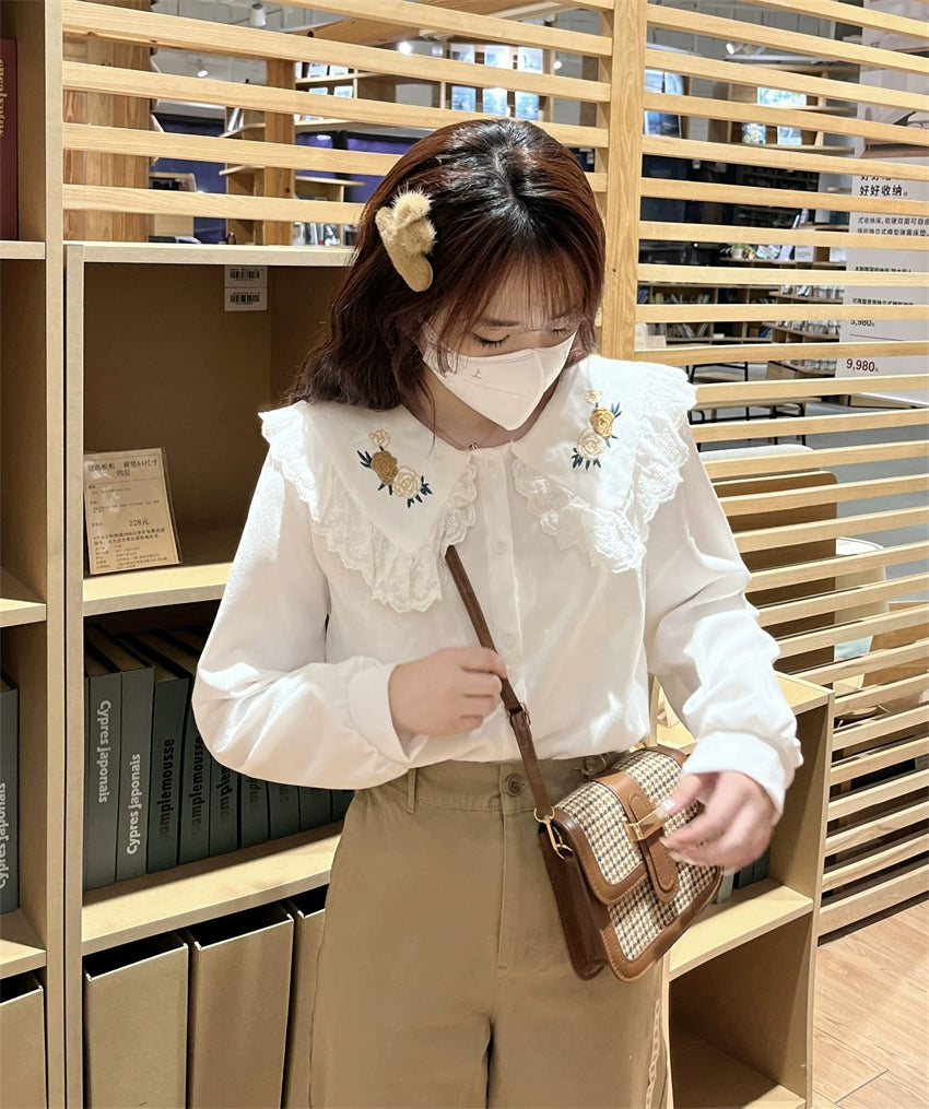 Lace Collar Floral Embroidered Shirt