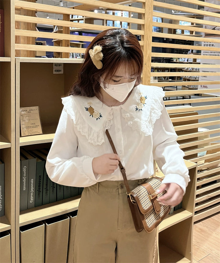 Lace Collar Floral Embroidered Shirt
