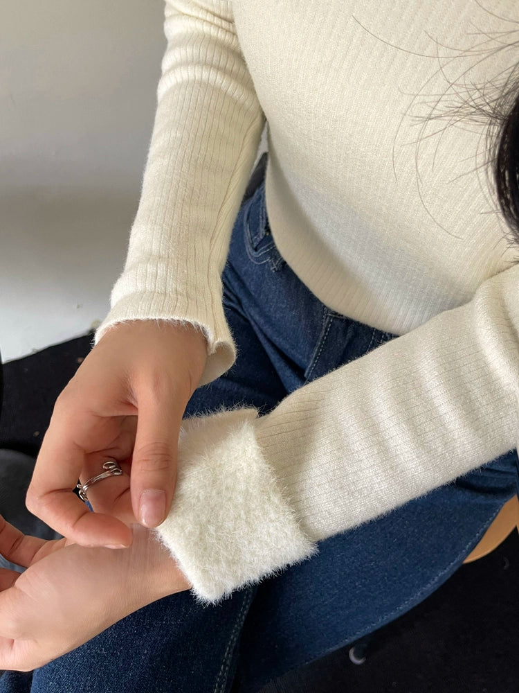 Mock Neck Ribbed Wool Sweater