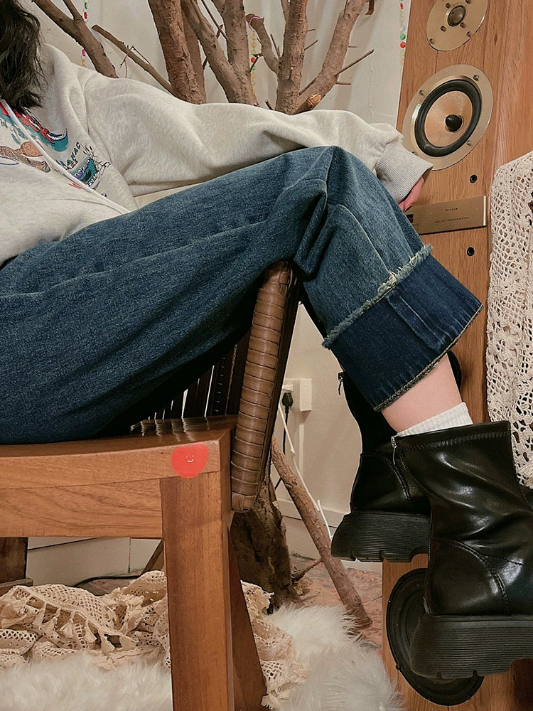 Rolled Hem Casual Denim Pants