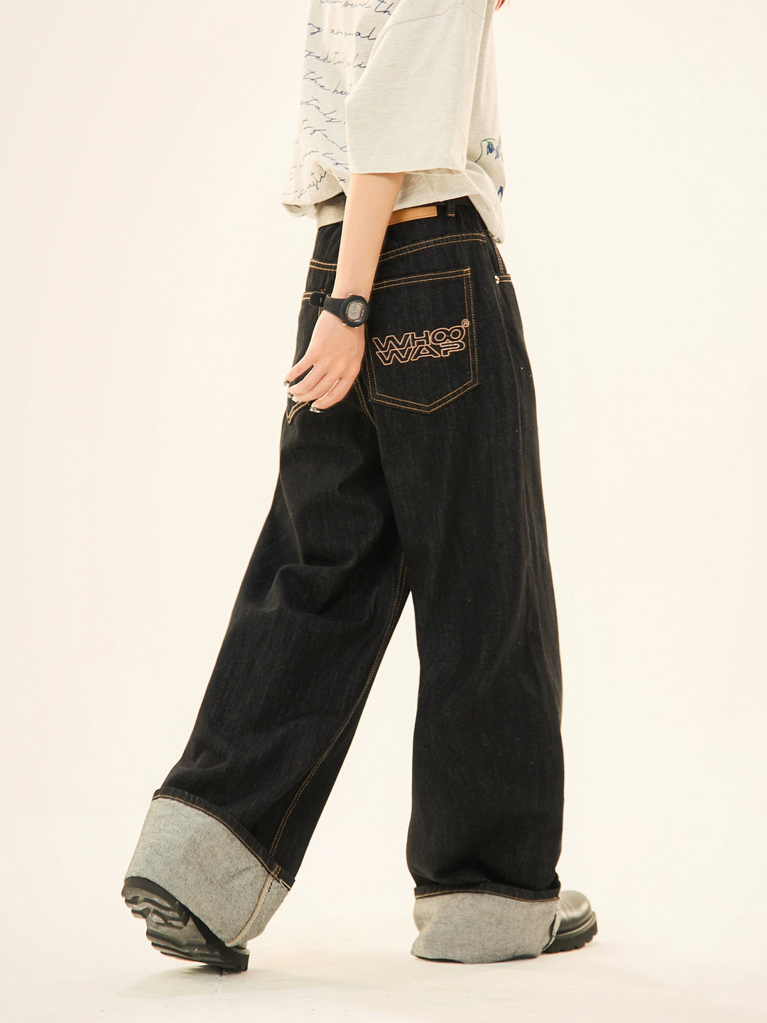 Rolled Cuffs Wide-Leg Denim Pants