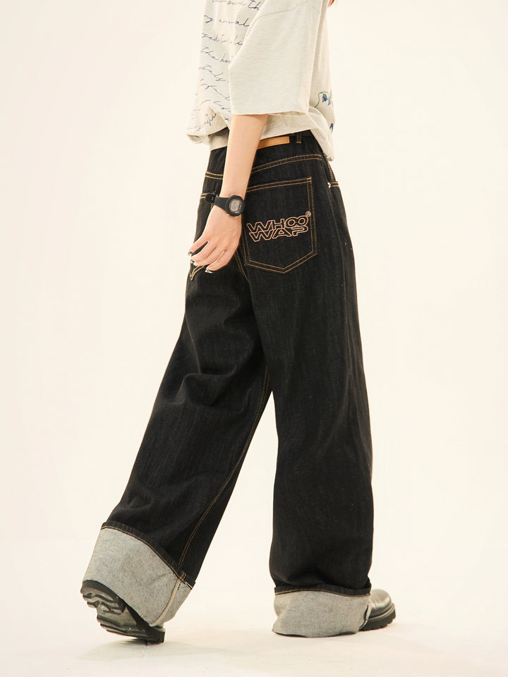 Rolled Cuffs Wide-Leg Denim Pants