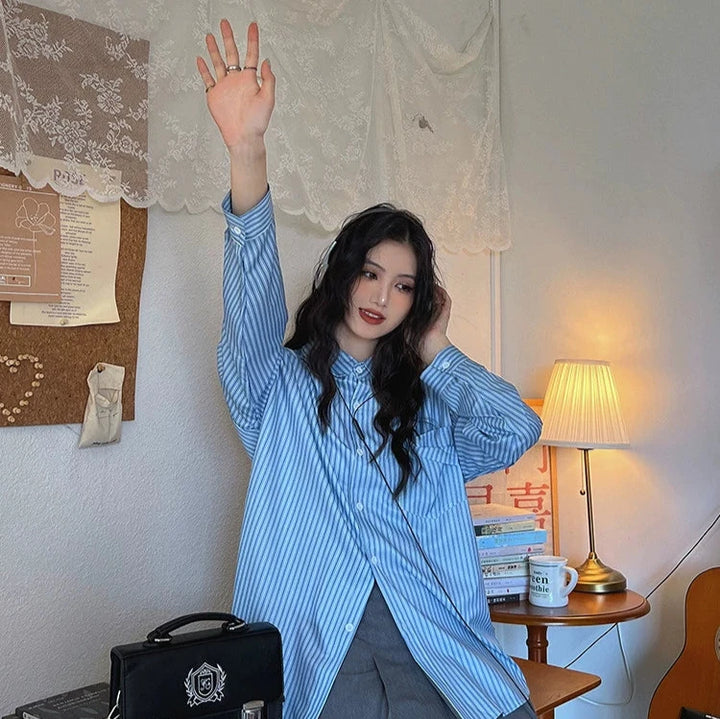 Striped Long-Sleeve Collared Shirt