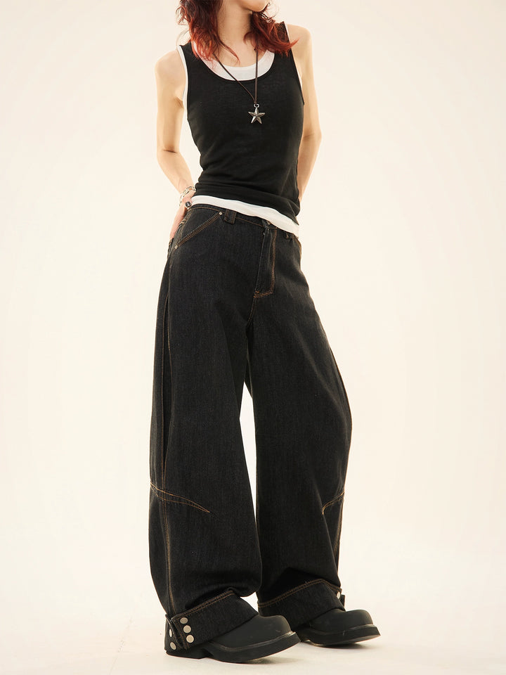 Button Decoration Wide-Leg Denim Pants