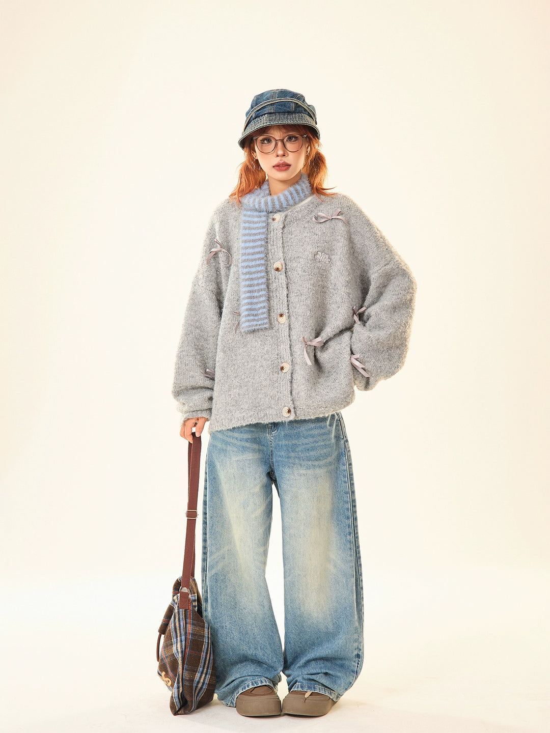 Bow Decoration Button-Up Knit Sweater