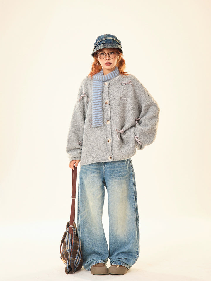 Bow Decoration Button-Up Knit Sweater