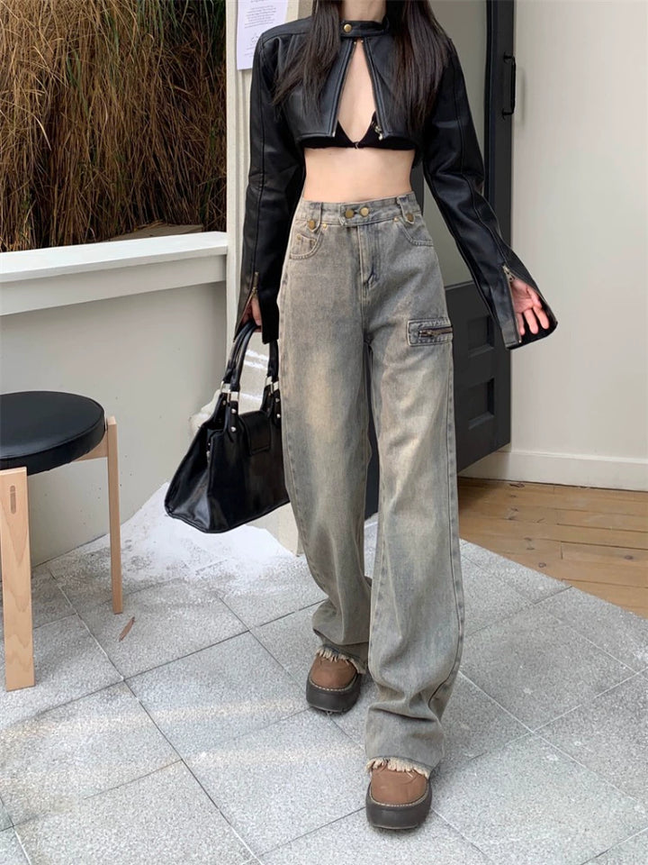 Wide-Leg Distressed Cargo Denim Pants