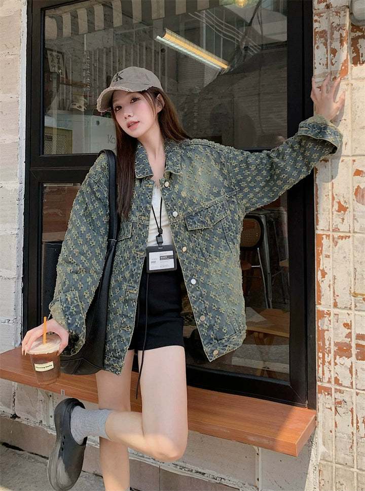 Oversized Patterned Denim Short Coat