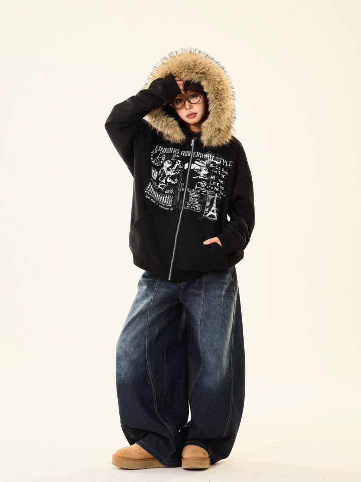 Fur Hood Trim Fleece Sweatshirt