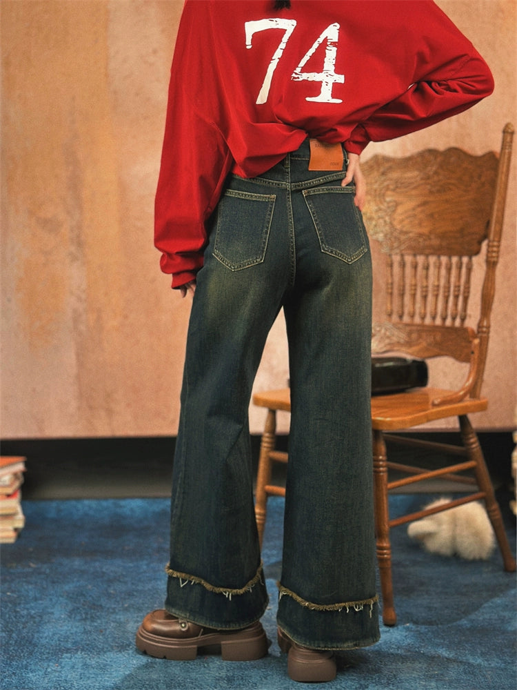 Wide Leg Frayed Hem Denim Pants