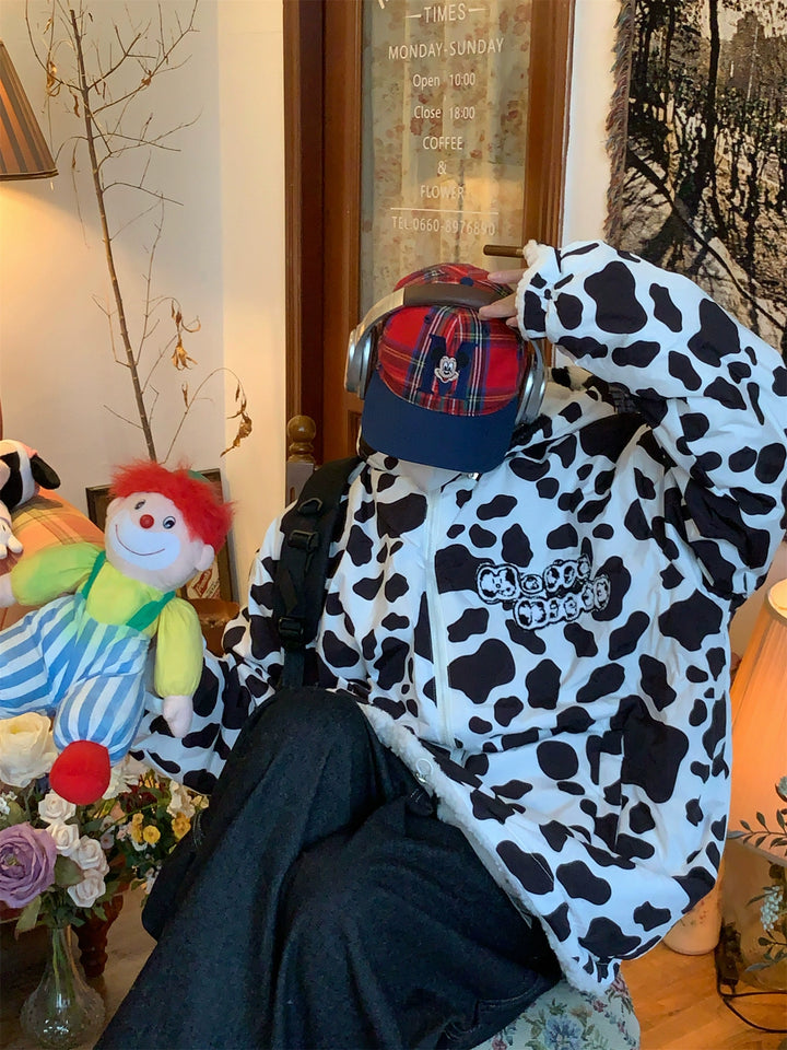 Cartoon Patch Zipper Fleece Jacket