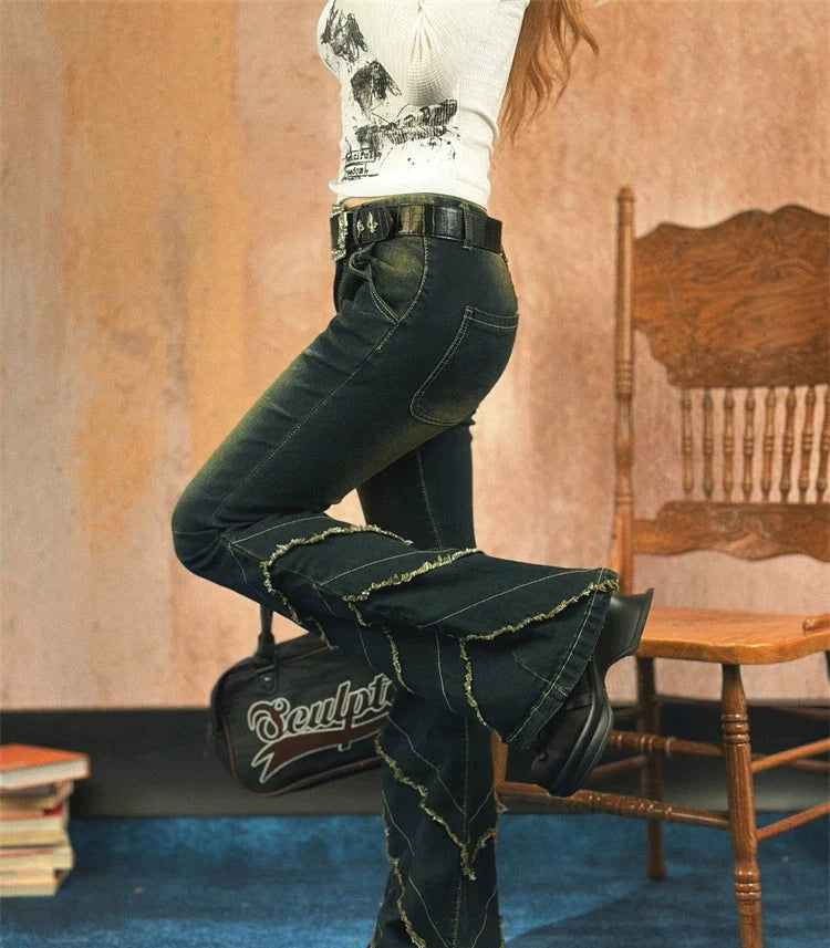 Flare Leg Distressed Denim Pants