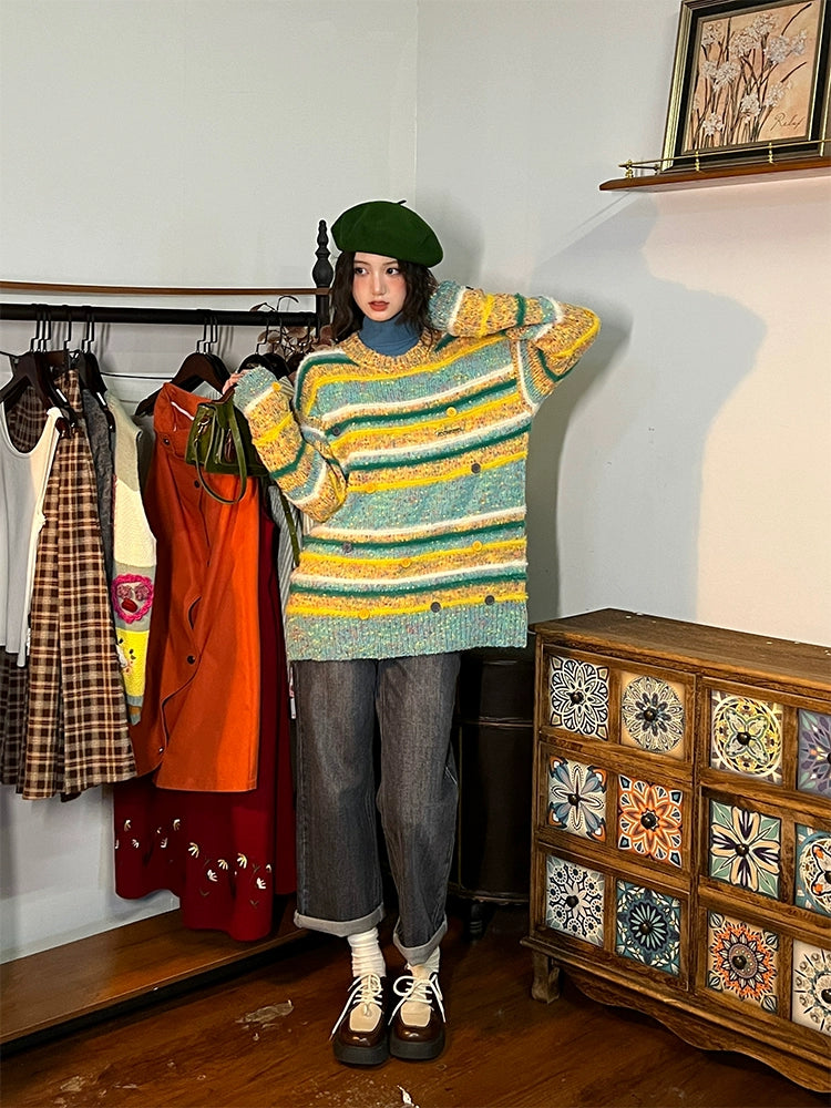 Button Accents Striped Wool Sweater