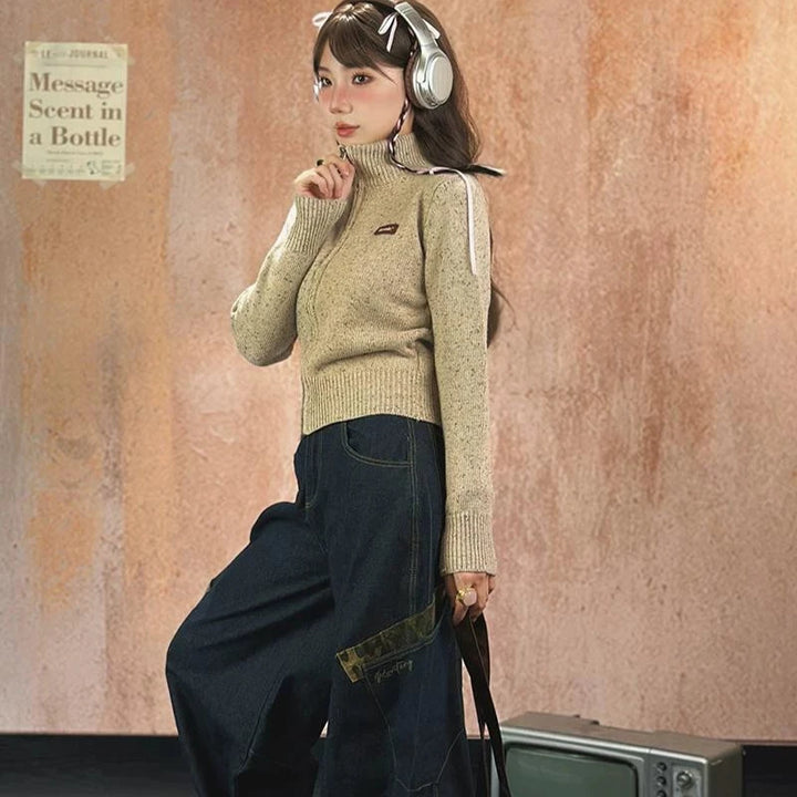High Collar Zipper Front Wool Sweater