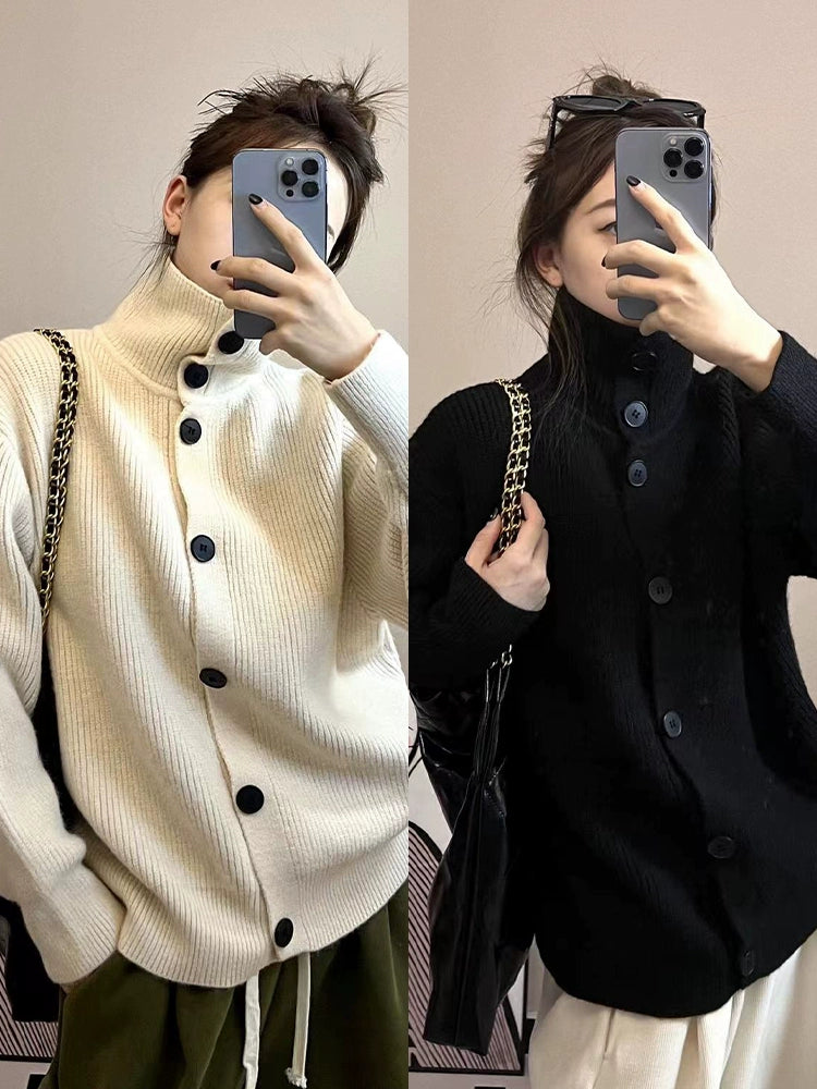 High Collar Ribbed Button-Up Sweater