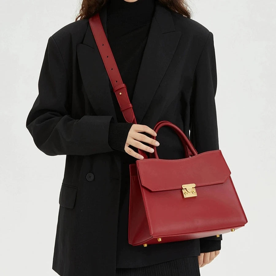 Lock Closure Leather Tote Bag