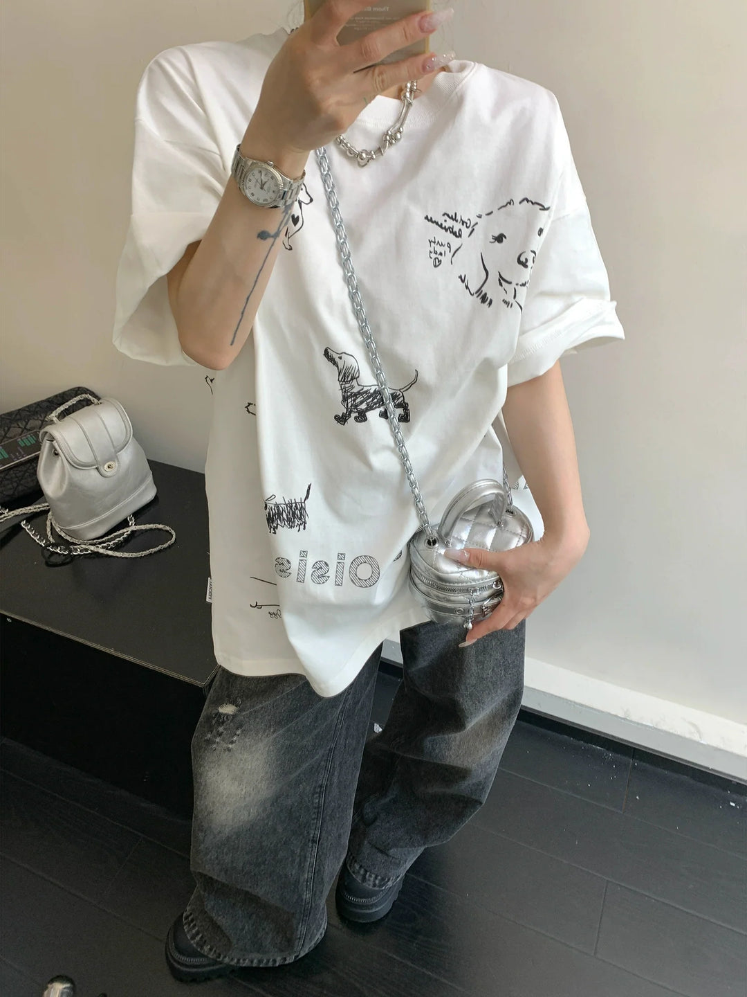 Cartoon Dog Print Loose Fit T-shirt