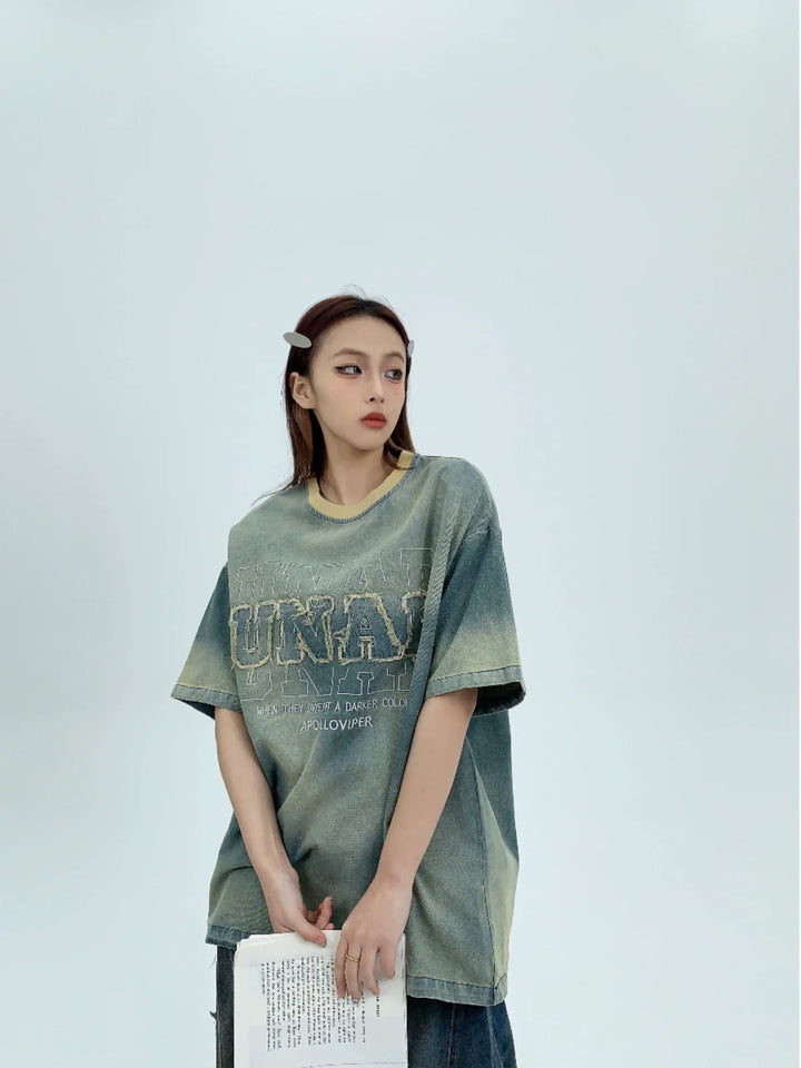Denim Embroidered Patch Short Sleeve T-shirt
