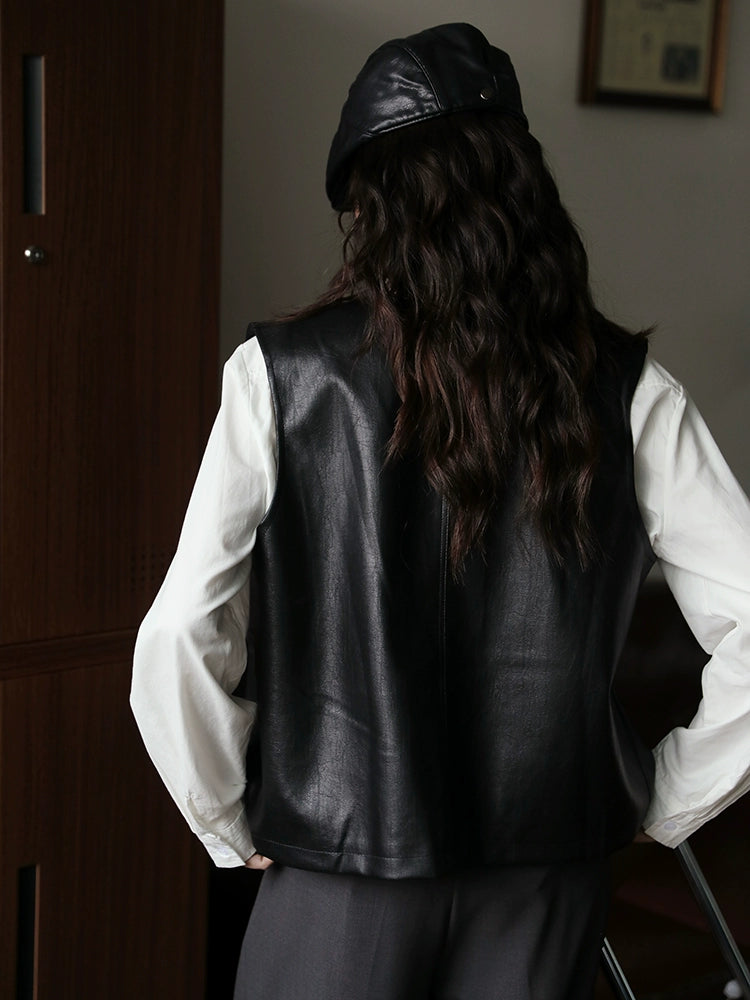Button-Up Pockets Leather Vest