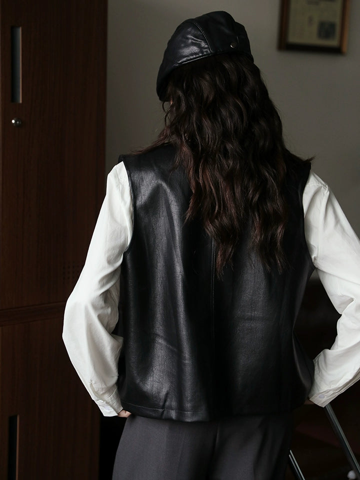 Button-Up Pockets Leather Vest