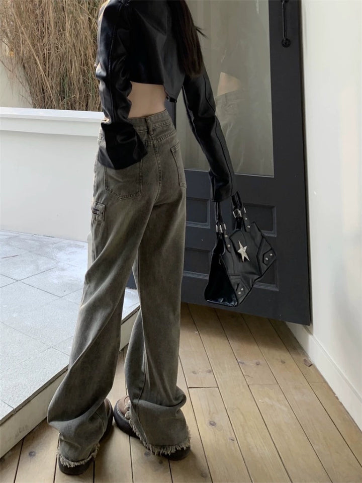 Wide-Leg Distressed Cargo Denim Pants