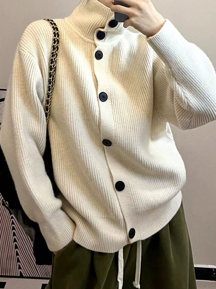High Collar Ribbed Button-Up Sweater