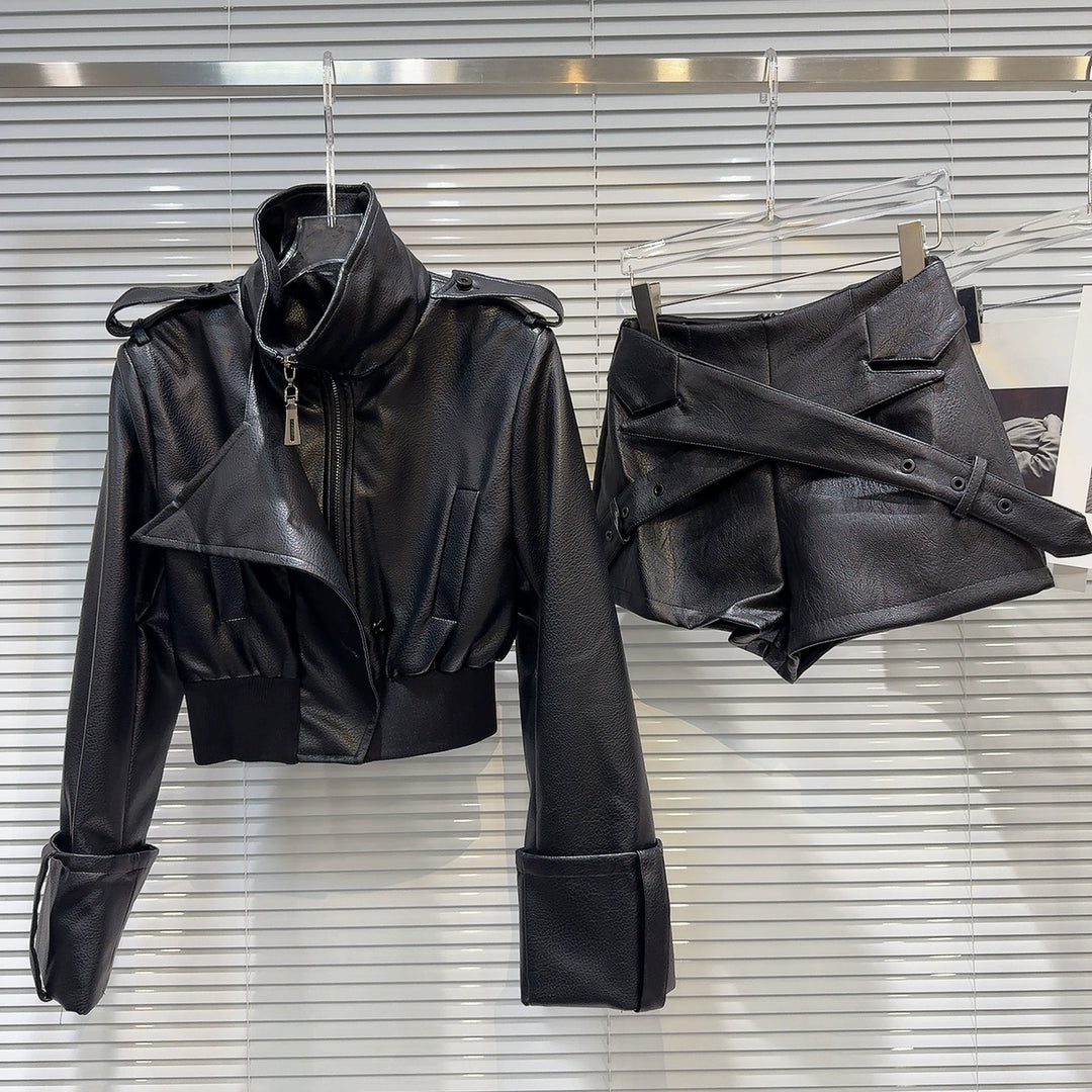 Faux Leather Jacket Skirt Set
