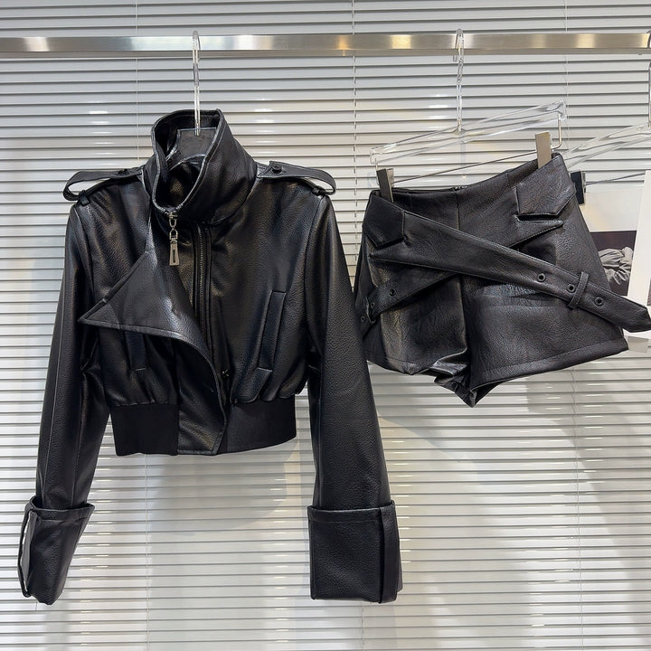 Faux Leather Jacket Skirt Set