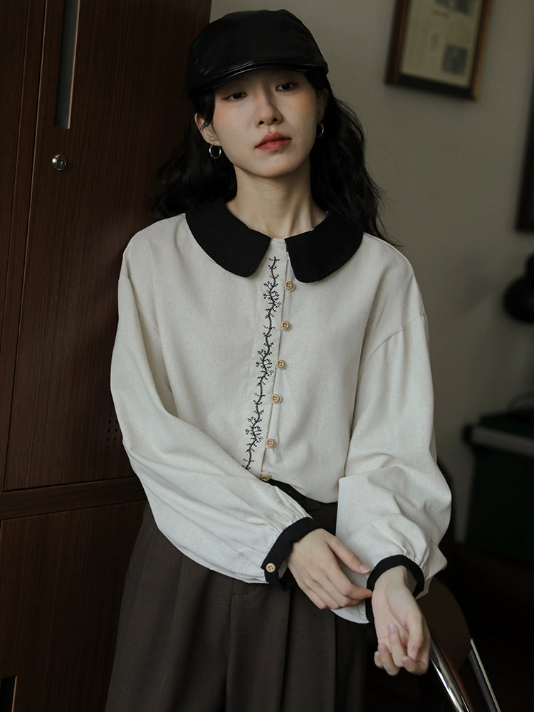 Contrast Collar Embroidered Button Shirt