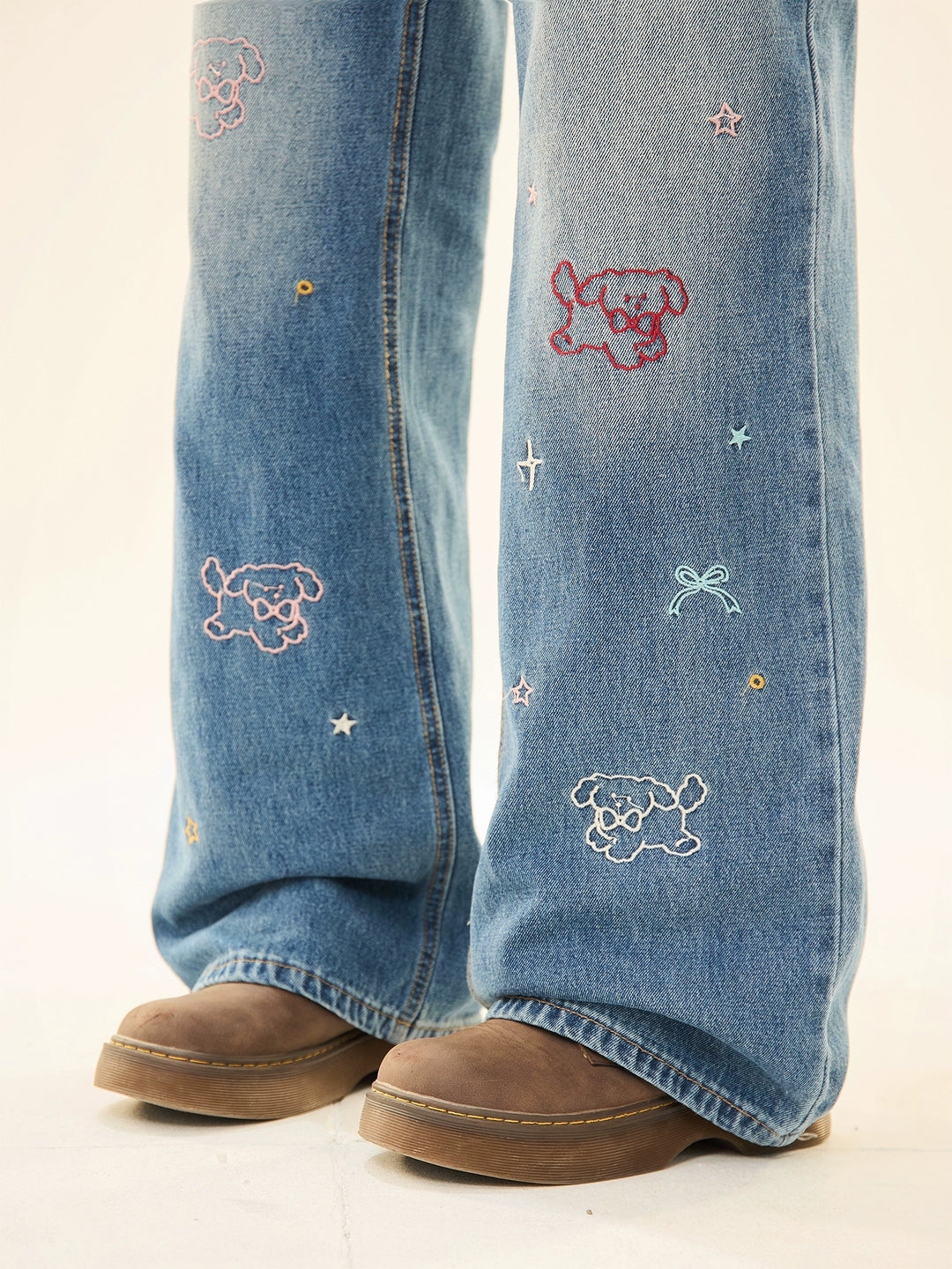 Embroidered Wide-Leg Denim Pants