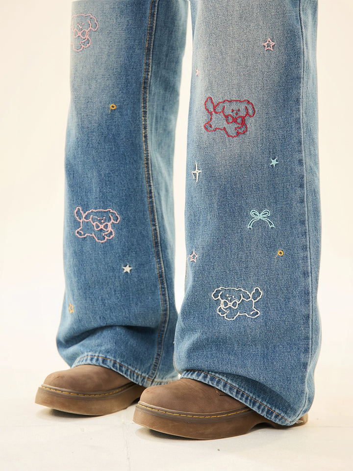Embroidered Wide-Leg Denim Pants
